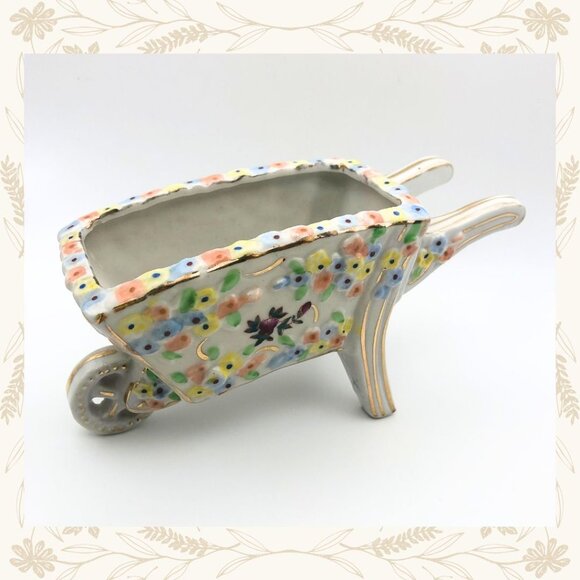 Vintage Japan Floral Wheelbarrow Garden Planter - Picture 2 of 5